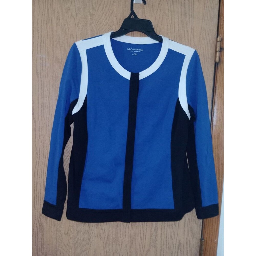 Soft Surroundings Large Blue Black White Colorblock Snap Jacket Blazer SPOT